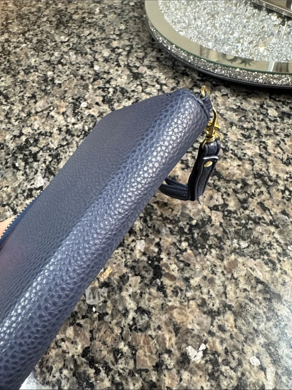 Bandolino Navy Pebbled Zip Wristlet with Gold Plaque